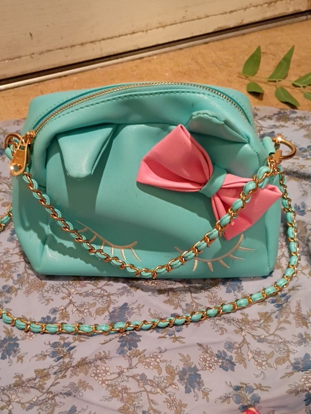 Mint Crossbody Bag with Pink Bow Accent for Women